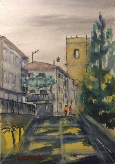 Camino a la plaza, Trillo Acuarela Papel Paisaje