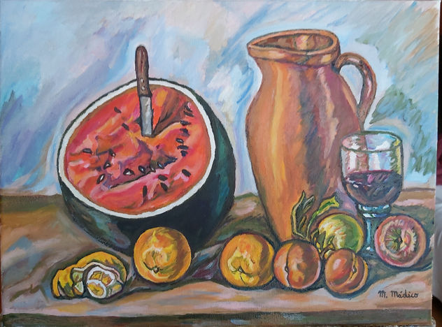 Bodegon,con frutas ,jarra y copa de vino