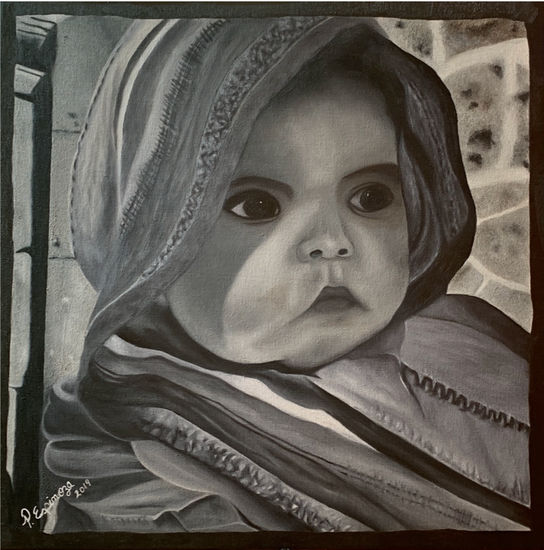 La mirada y el rebozo Oil Canvas Portrait