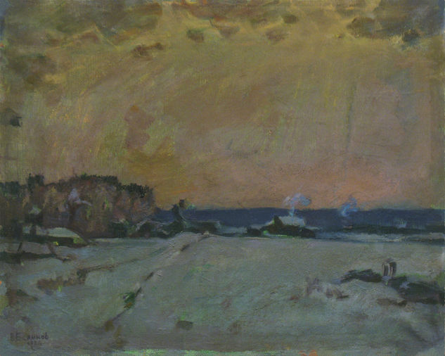 Winter evening in the village Óleo Lienzo Paisaje