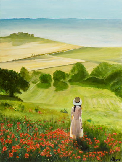 the poppies and the girl Óleo Lienzo Paisaje