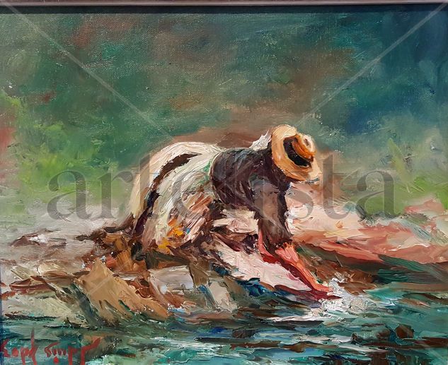 Lavando en el rio Oil Panel Figure Painting