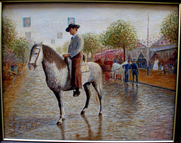 "Jinete en la Feria de abril, sevilla Óleo Lienzo Paisaje