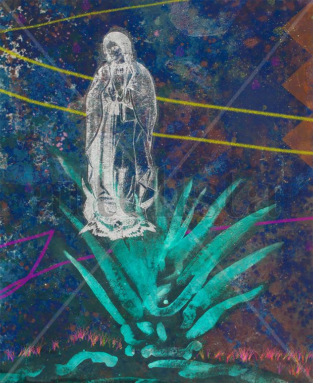 La Guadalupana sobre campos de maguey