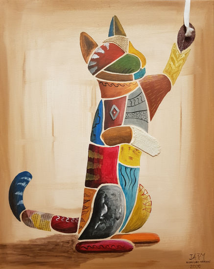 Gato jugando Mixed media Canvas Animals