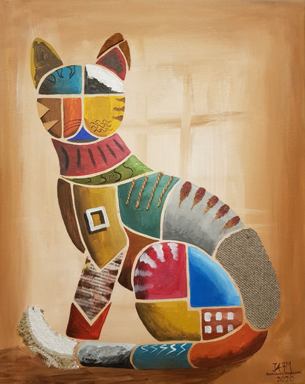 Gato sentado Media Mixta Lienzo Animales