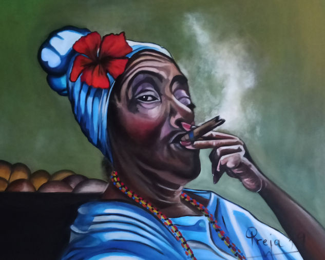 Cubana fumando Oil Canvas Portrait