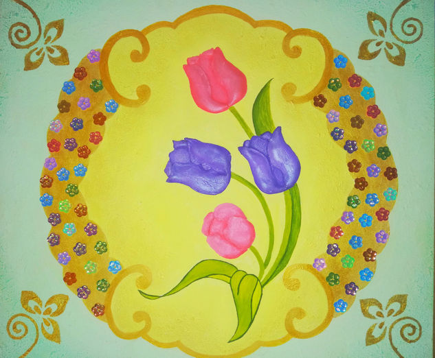 "Entrega especial" Mixed media Panel Floral Painting