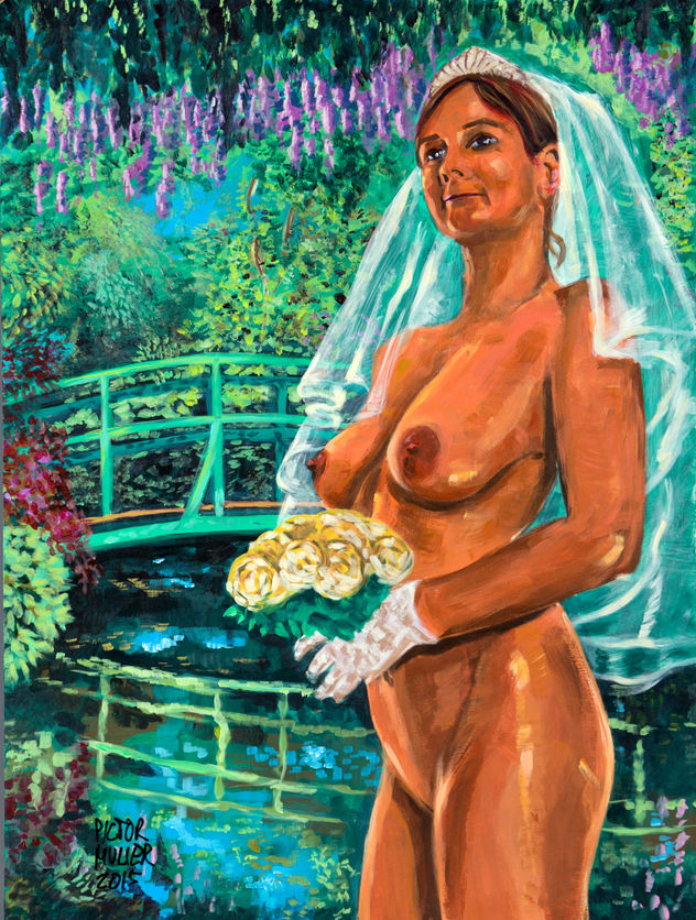 Cecilia, con su vestido de novia, en los jardines Giverny de Paris