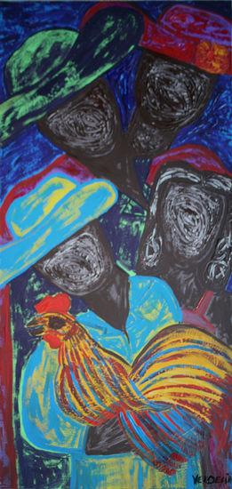 Familia de campesinos con gallo Mixed media Textile Figure Painting