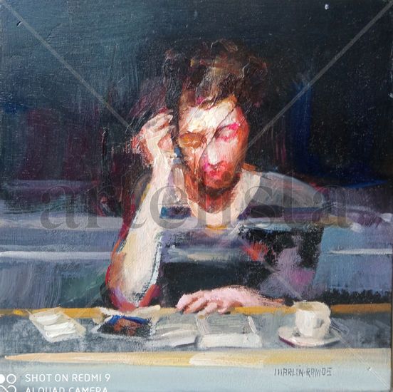 Lectura en un café Oil Panel Figure Painting