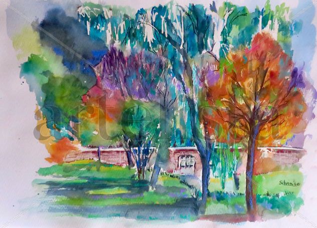 Parque en otoño Acuarela Papel Paisaje