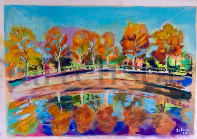 Estanque en otoño Pastel Papel Paisaje