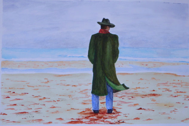 Hombre en la playa Watercolour Card Marine Painting