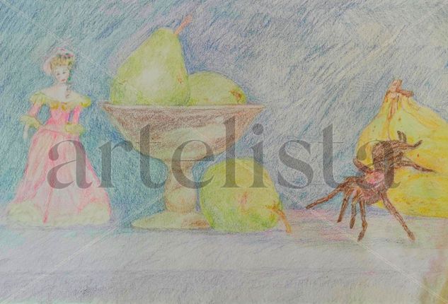 Bodegón con araña y figura rococó. My World 1 Pencil (coloured) Paper Still Life Paintings