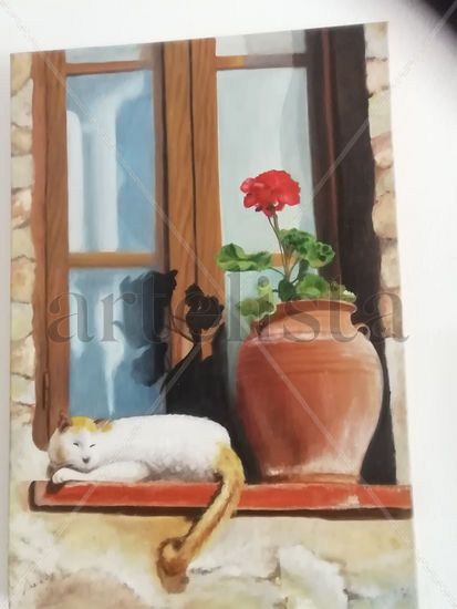 Gato en ventana Oil Canvas Animals