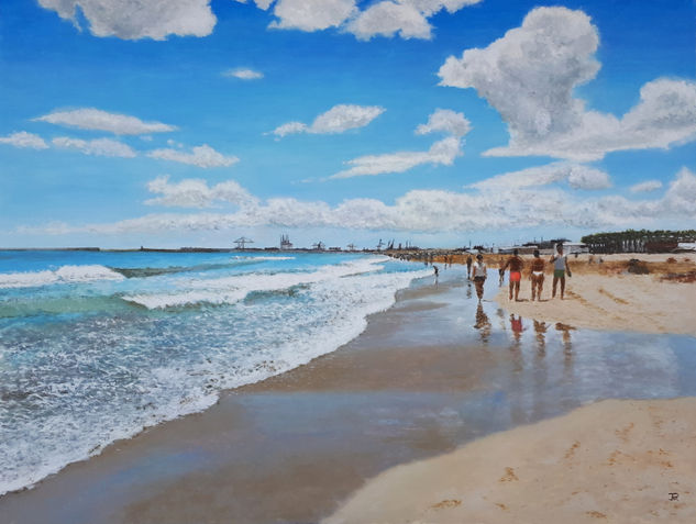 Paseando por la playa Oil Panel Marine Painting