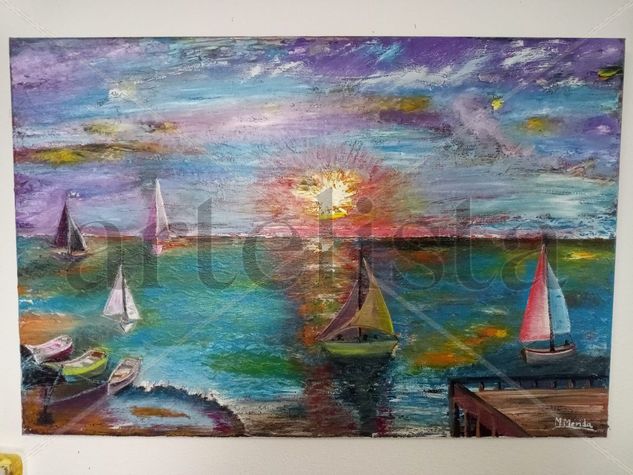 Playa y veleros Oil Canvas Marine Painting