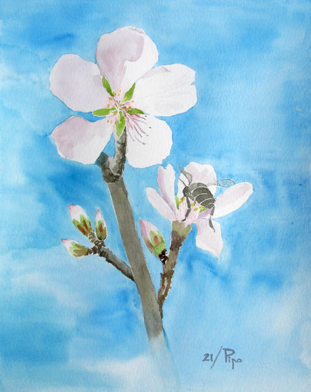 flores de almendros con abeja Watercolour Paper Floral Painting