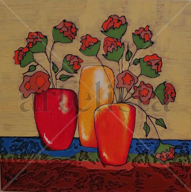 TRES JARRONES, QUINCE FLORES
