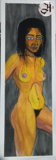 La mujer del cabello mojado. Watercolour Panel Nude Paintings