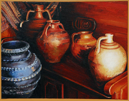 Cerámicas sobre banco Oil Textile Still Life Paintings