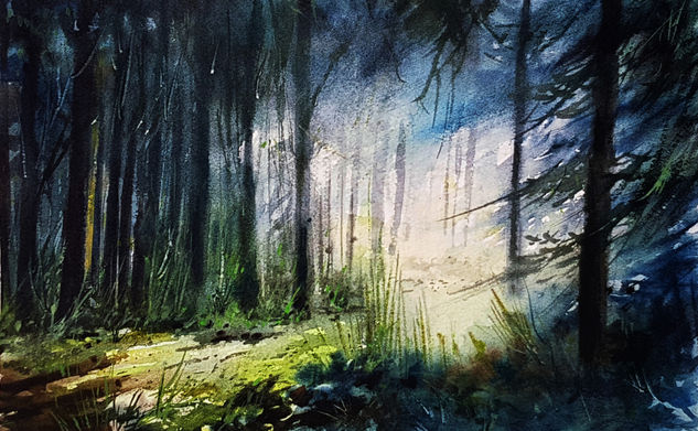 LUZ EN EL BOSQUE Acuarela Papel Paisaje