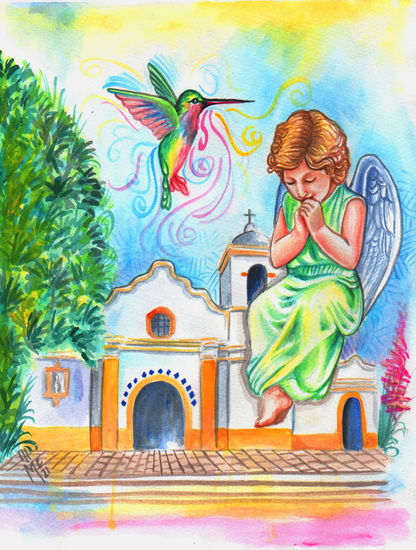 PINTURA  HONDUREÑA, EL ANGEL Y EL COLIBRI Watercolour Card Landscaping