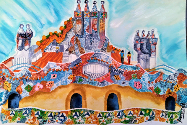 Tejado casa Batlló Acuarela Papel Paisaje