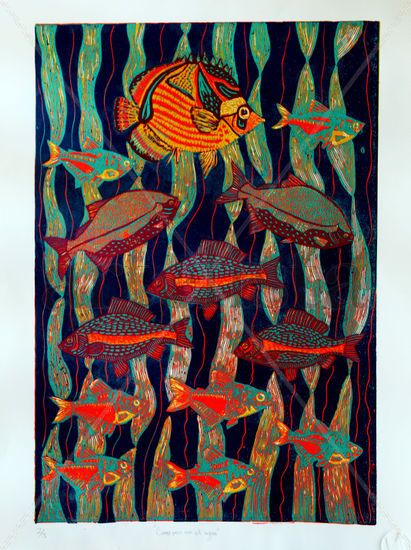 Como pez en el agua. Linocut