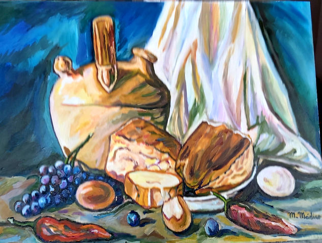 Cantaro, fruta , variedad de pan Oil Panel Still Life Paintings