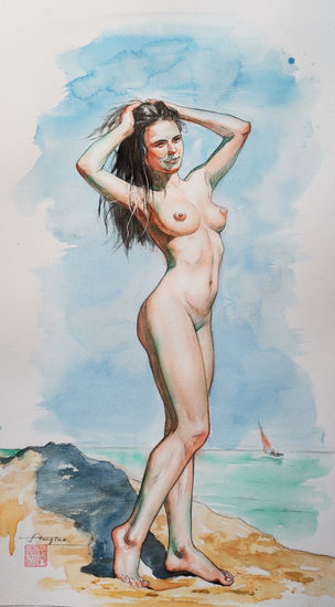 Watercolor-Female nude #210320 Acuarela Papel Desnudos