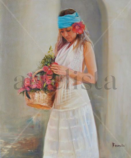 CHICA CON CESTA DE FLORES Y TURBANTE AZUL Nº1 (SERIE) Óleo Lienzo Figura