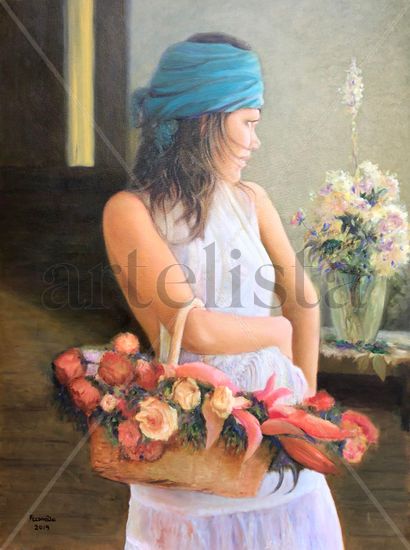 CHICA CON CESTA DE FLORES Y TURBANTE AZUL 2 (SERIE) Óleo Lienzo Figura