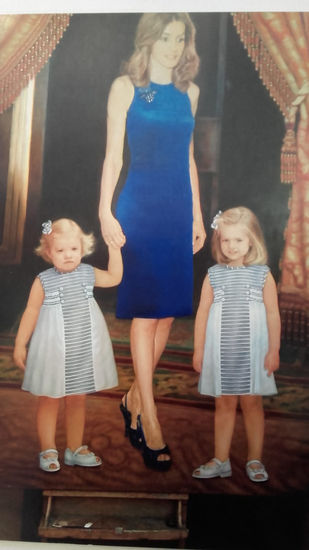 La Reyna Letizia e hijas Oil Canvas Portrait