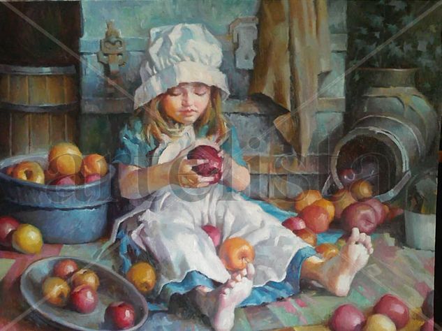 niña con frutas Óleo Lienzo Retrato