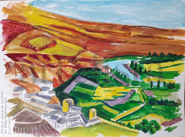 Paisaje cerca de Toledo, de Diego Rivera Gouache Paper Landscaping