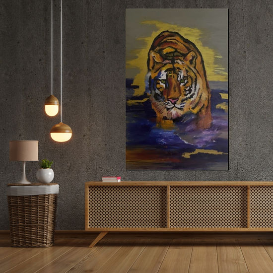 tigre en el agua Oil Canvas Animals