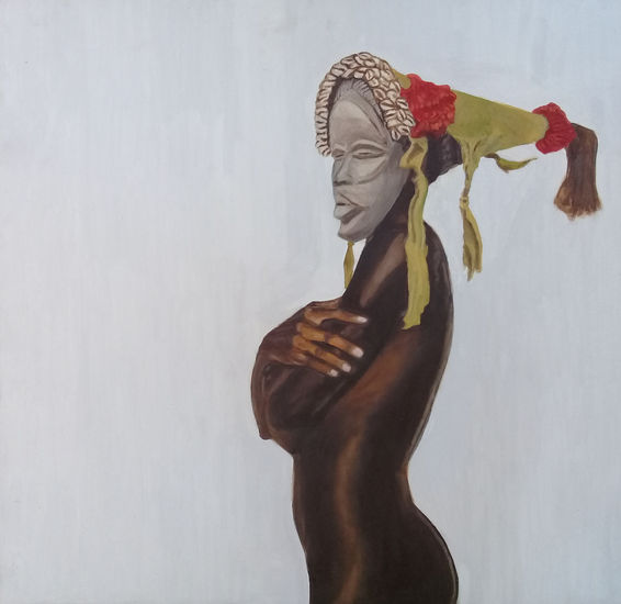 Con máscara africana. Oil Panel Figure Painting