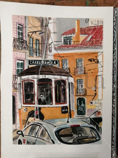 tranvia Lisboa Acuarela Papel Paisaje