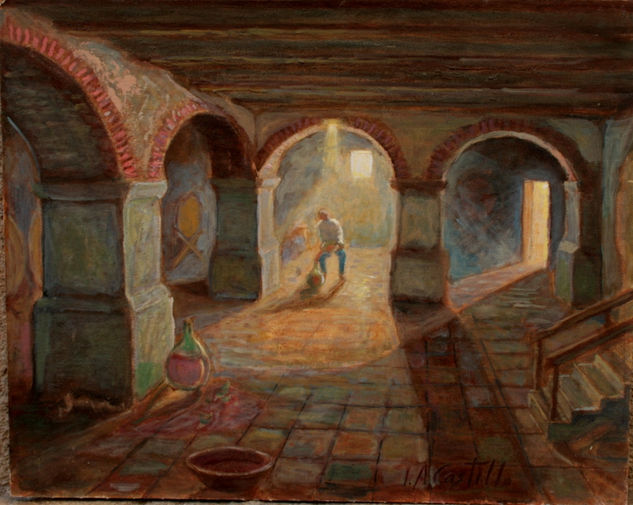 "Bodega de vinos,moviendo el vino a contraluz" Oil Canvas Figure Painting