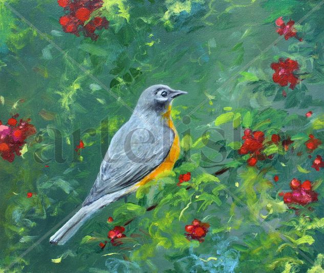 Robin and red berries Oil Panel Animals