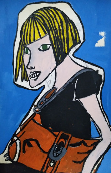 "Sandra, la muchacha con su cartera Roja" Acrylic Paper Portrait