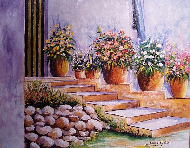 Jardín con escalera Oil Canvas