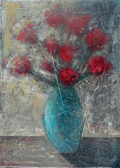 Un florero con rosas Mixed media Canvas Floral Painting