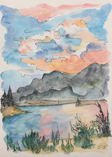 sunset lake Watercolour Paper Landscaping