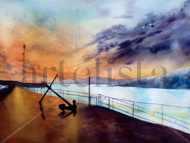 Amanecer en Lastres1 Watercolour Paper Marine Painting