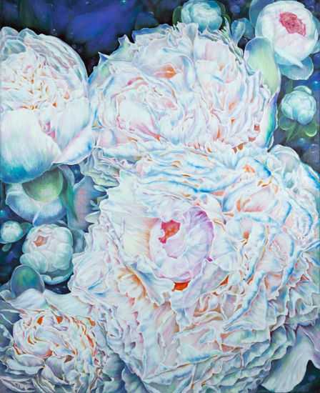 Anastasia Woron: "Peonias Blancas" - Óleo Original Firmado (65x85 cm.) 2021 Óleo Lienzo Floral