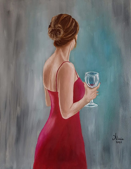 MUJER CON COPA DE VINO Oil Canvas Portrait