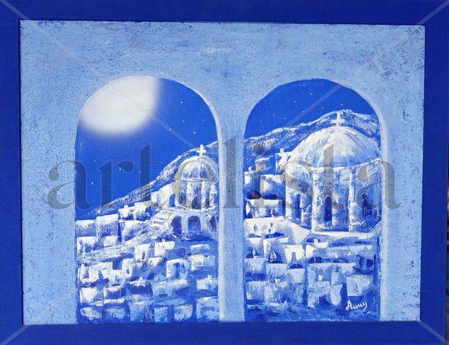 Santorini " notte serena " Mixed media Canvas Landscaping